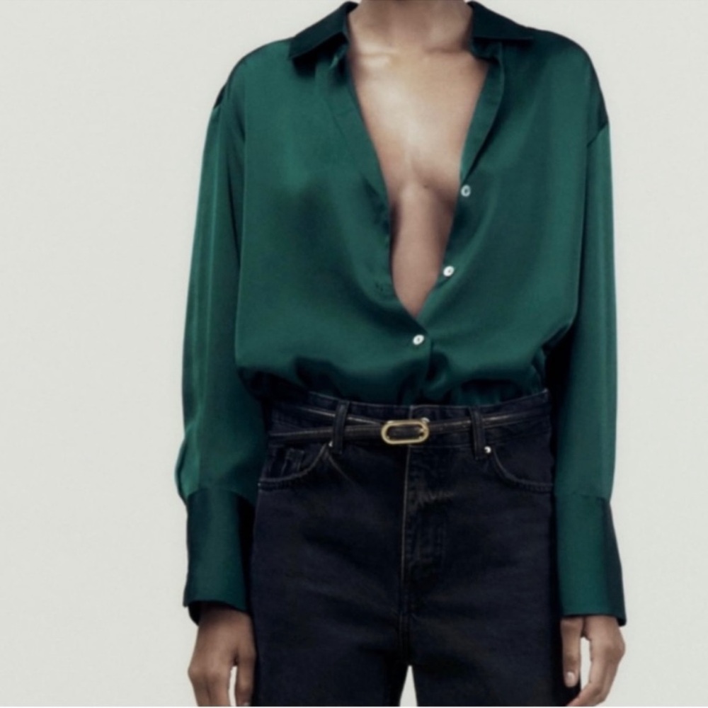 Zara Deep Green Satin Button-Down Blouse